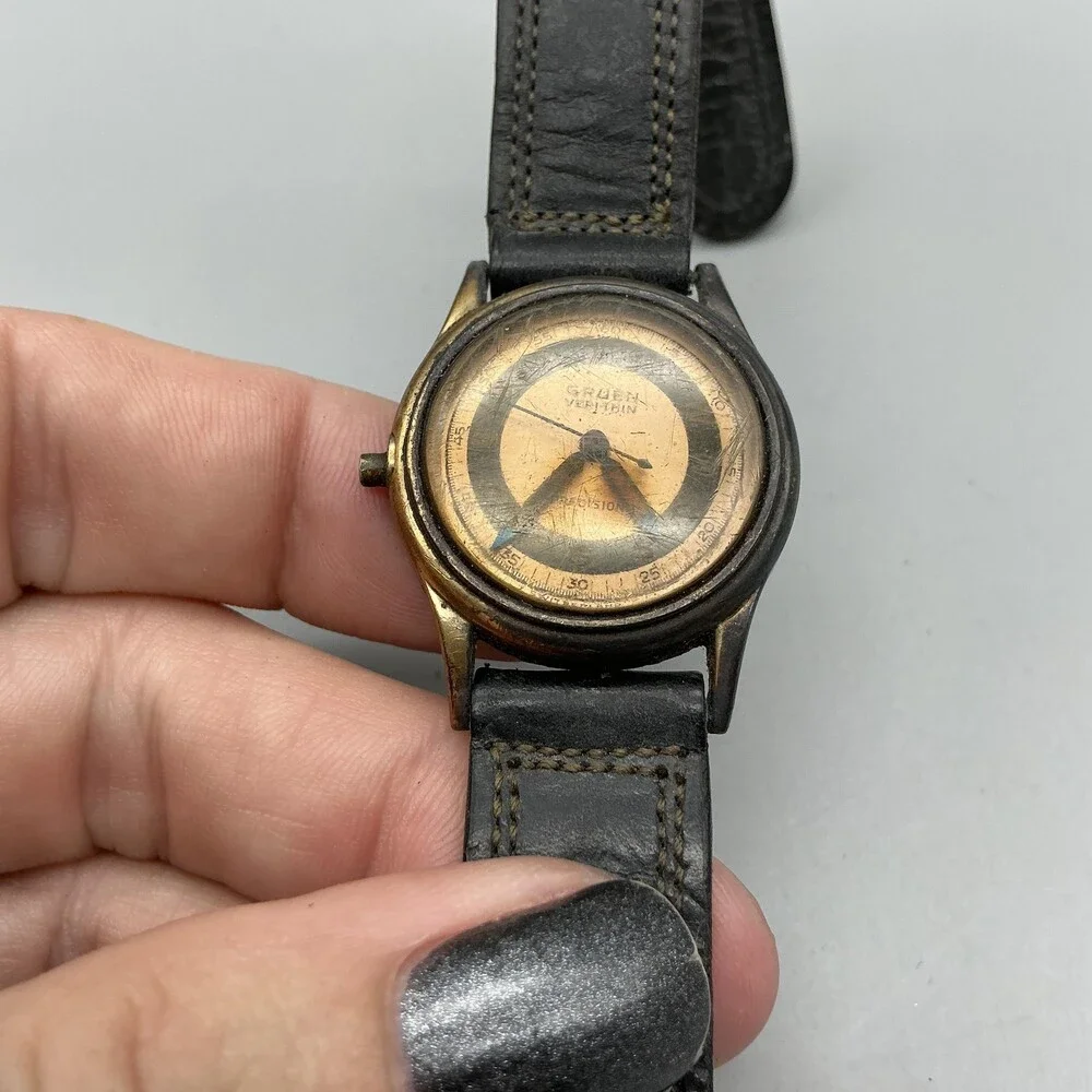 Vintage Gruen Veri-Thin Precision Mens Watch 28mm Gold Black Manual For Parts
